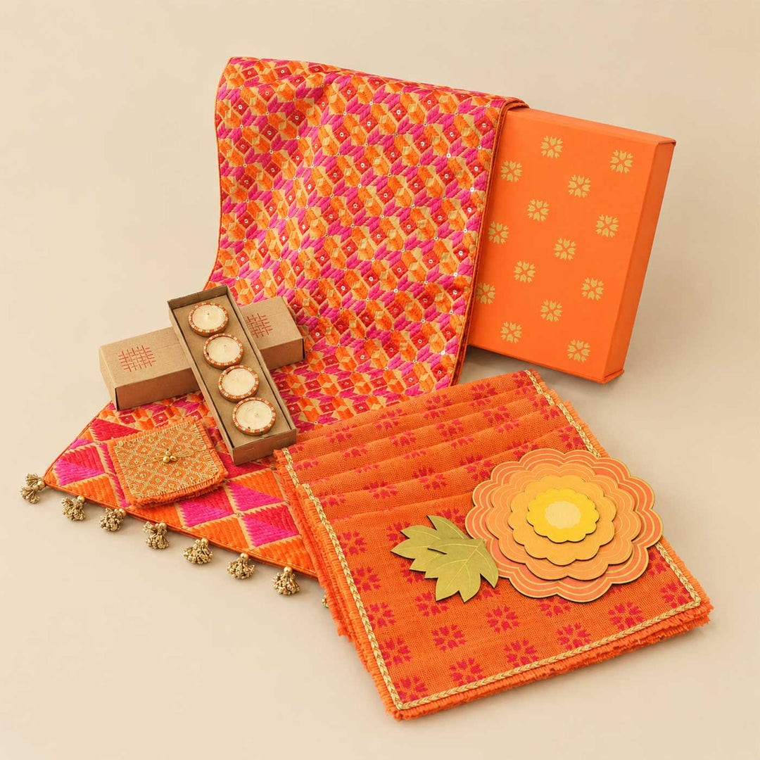 Orange Phulkari Diwali Table And Home Décor Medium Gift Hamper For Festive Gifting
