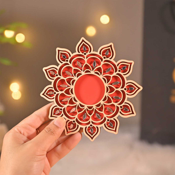 Handcrafted Heritage Mandala Red Wooden Tealight Holder with Mirror Accents