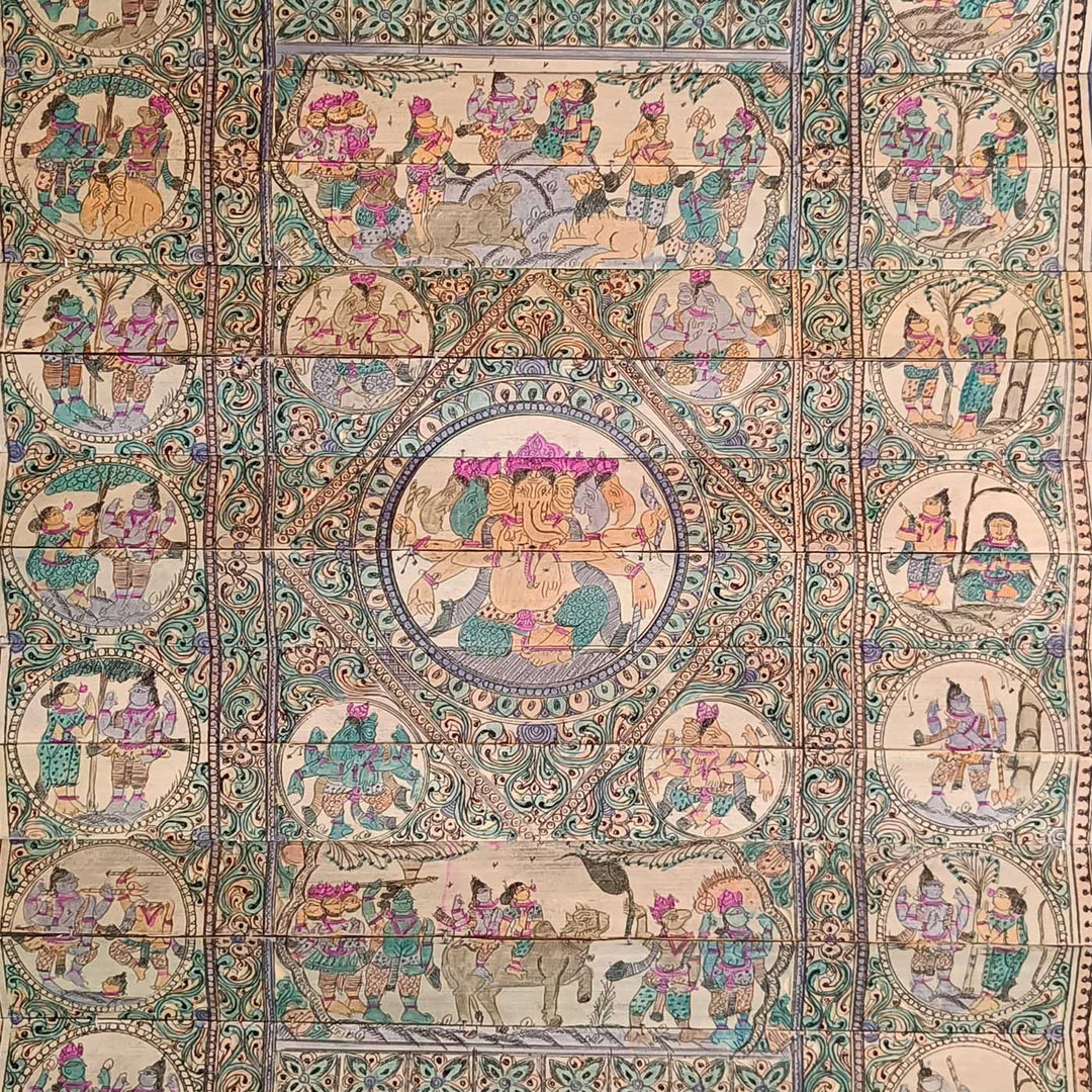 18 X 30 Inch | Handmade Palm Leaf Panchamukhi Ganesha With Life Story Painting