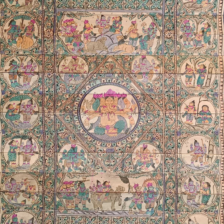 18 X 30 Inch | Handmade Palm Leaf Panchamukhi Ganesha With Life Story Painting