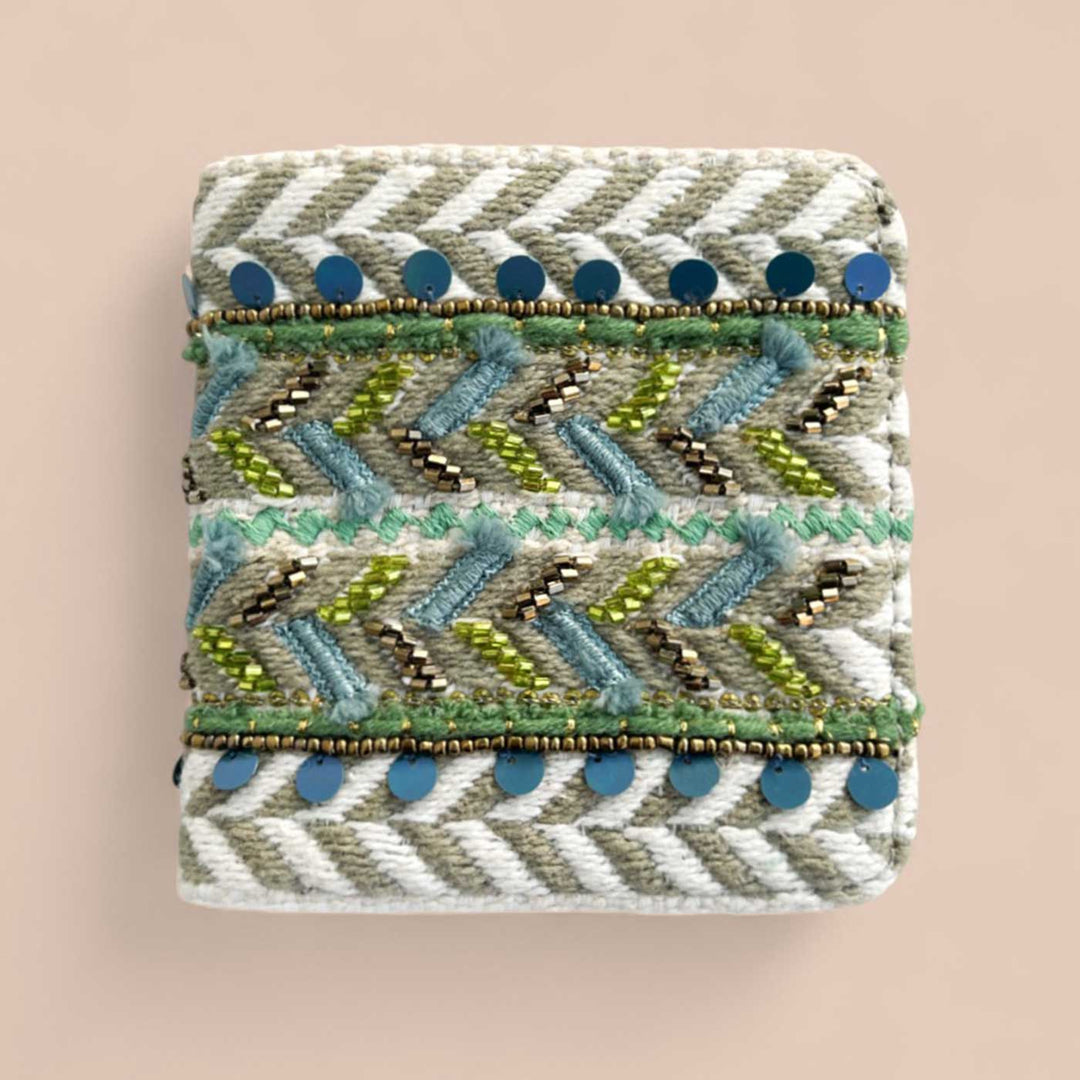 Handmade Embroidered Green Leaves Design Jacquard Wallet
