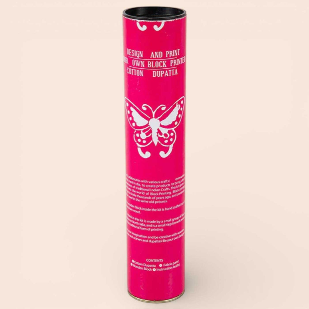 Pink Butterfly Dupatta Block Print DIY Kit | Includes 1 White cotton dupatta, 1 Fabric paint, 1 Wooden block And 1 Sponge
