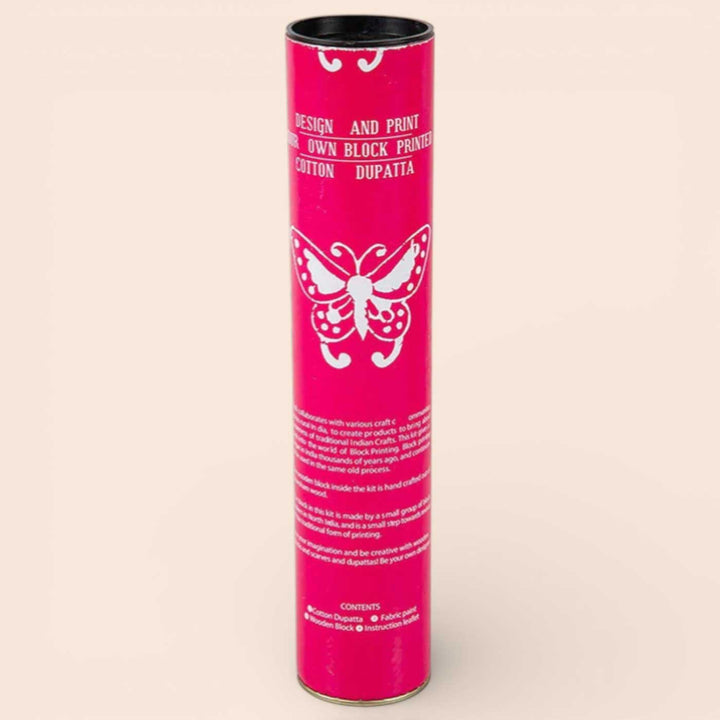 Pink Butterfly Dupatta Block Print DIY Kit | Includes 1 White cotton dupatta, 1 Fabric paint, 1 Wooden block And 1 Sponge