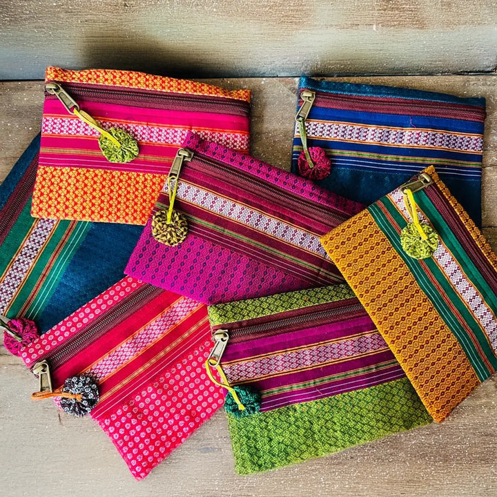 Assorted Cotton Khunn Purse With Floral Charm | Set Of 4