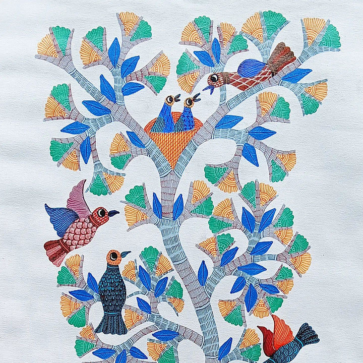 16 x 36 Inch | Birds & Animals In Tree | Original Hand painted Tribal Gond Art Painting | Acrylic Paints On Canvas