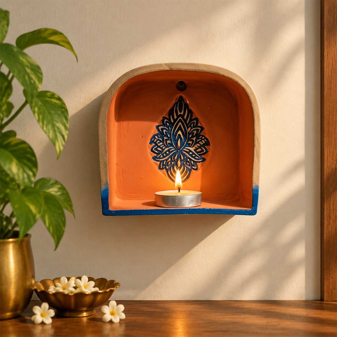 Hand-Painted "Lotus Ember" Arch Terracotta Wall Decor Tealight Holder With Lotus Motif For Festive Decor