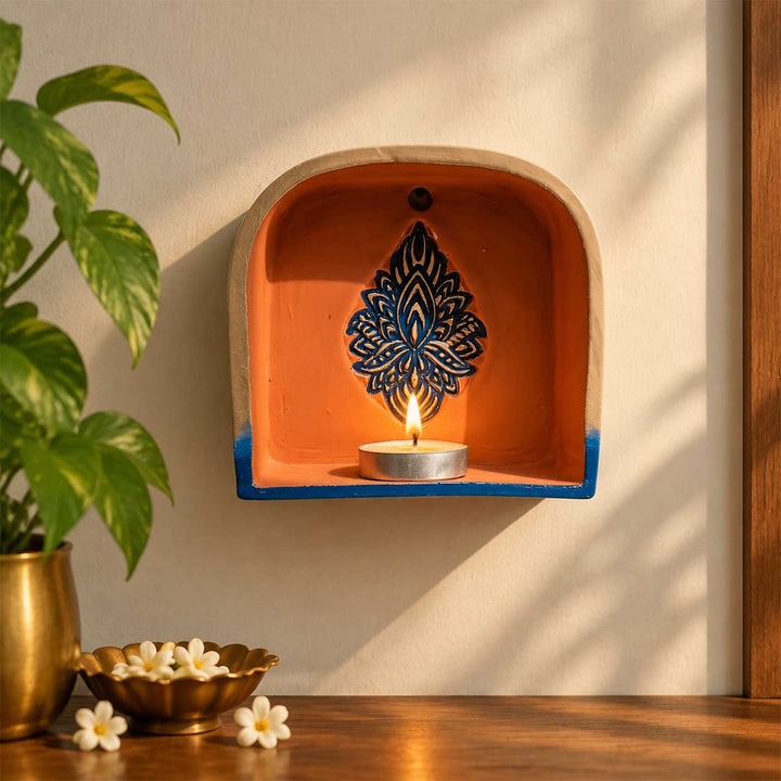 Hand-Painted "Lotus Ember" Arch Terracotta Wall Decor Tealight Holder With Lotus Motif For Festive Decor