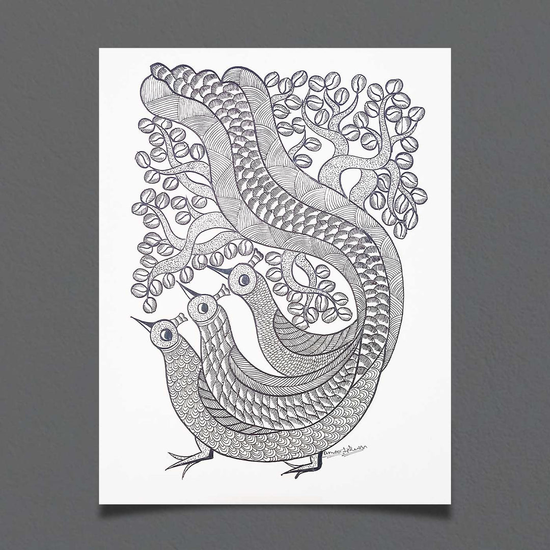 11 x 15 Inch | Trio Peacock | Original Hand Painted Tribal Gond Art Painting | Acrylic Paint On Paper