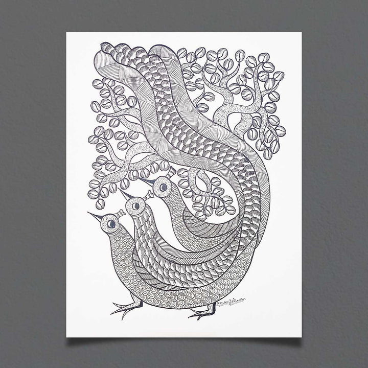 11 x 15 Inch | Trio Peacock | Original Hand Painted Tribal Gond Art Painting | Acrylic Paint On Paper