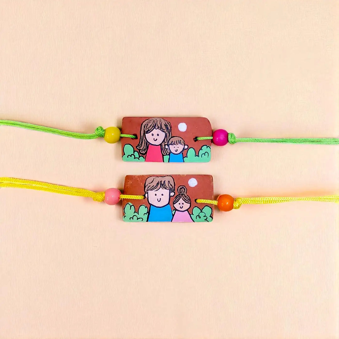 Hand-Painted Siblings Illustration Terracotta Rakhi