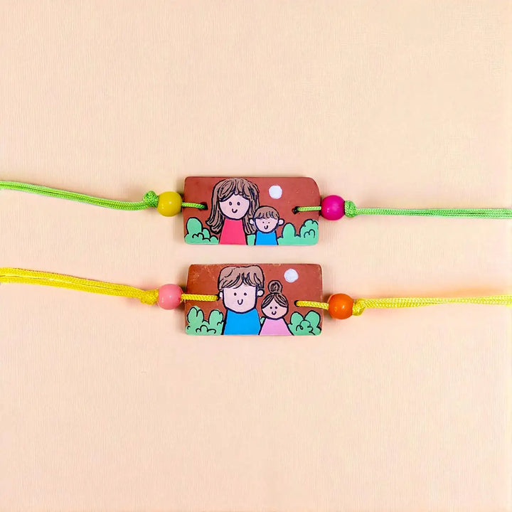 Hand-Painted Siblings Illustration Terracotta Rakhi