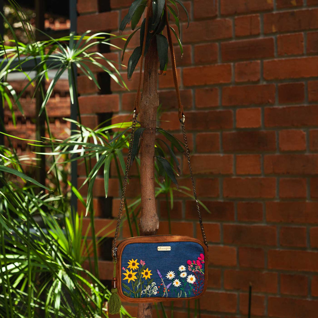 Personalized Embroidered Garden Denim Vegan Suede Sling Bag