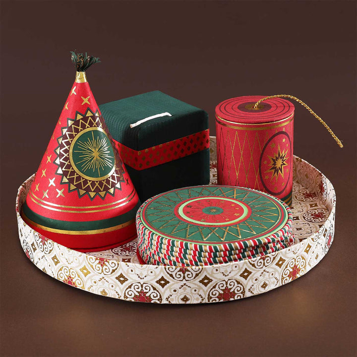 Handmade Pataka Paper Hamper | Includes 1 Jameen Chakar Box, 1 Sutli Bomb Box, 1 Bomb Box, 1 Anar Box, 3 Rockets & 1 Gift Tray