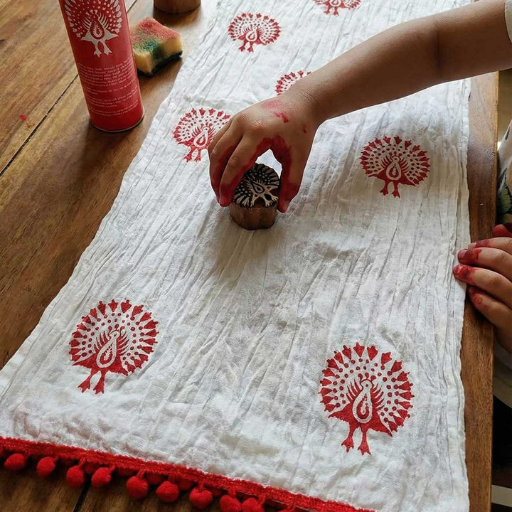 Red Peacock Dupatta Block Print DIY Kit | Includes 1 White cotton dupatta, 1 Fabric paint, 1 Wooden block And 1 Sponge