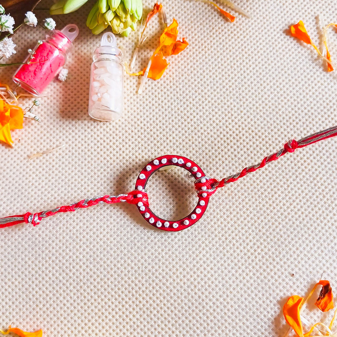 Handmade Round Beads Wooden Rakhi With Roli Chawal For Brother - Front View with Decorative Items