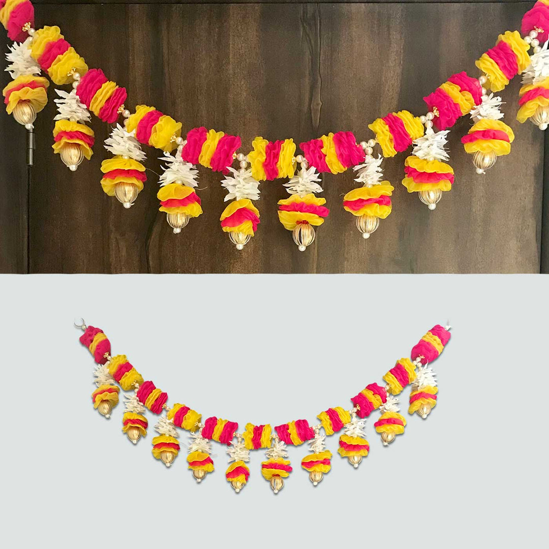 Handmade Festive Yellow & Pink Tissue Flower Toran