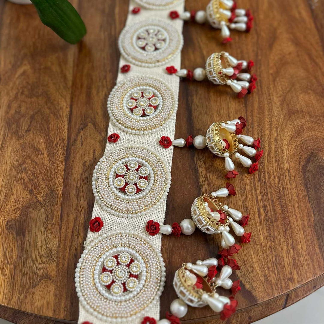Handmade Beaded Boho Red And White Jute Toran