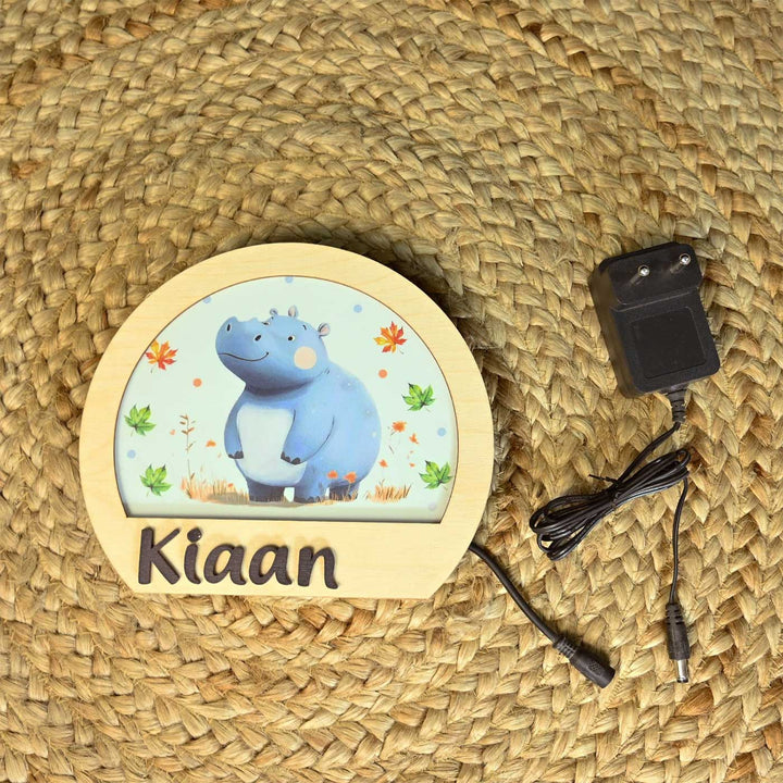 Personalized Hippo Theme Wooden Table Lamp With 3D Letters