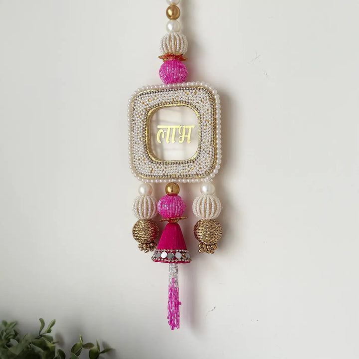 Handmade Beaded White & Pink Shubh Labh Hangings | Set Of 2