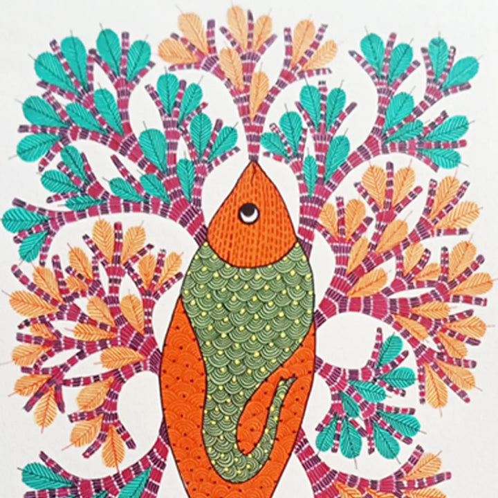 11 x 16 Inch | Orange Fish | Original Hand Painted Tribal Gond Art Painting | Acrylic Paint On Paper