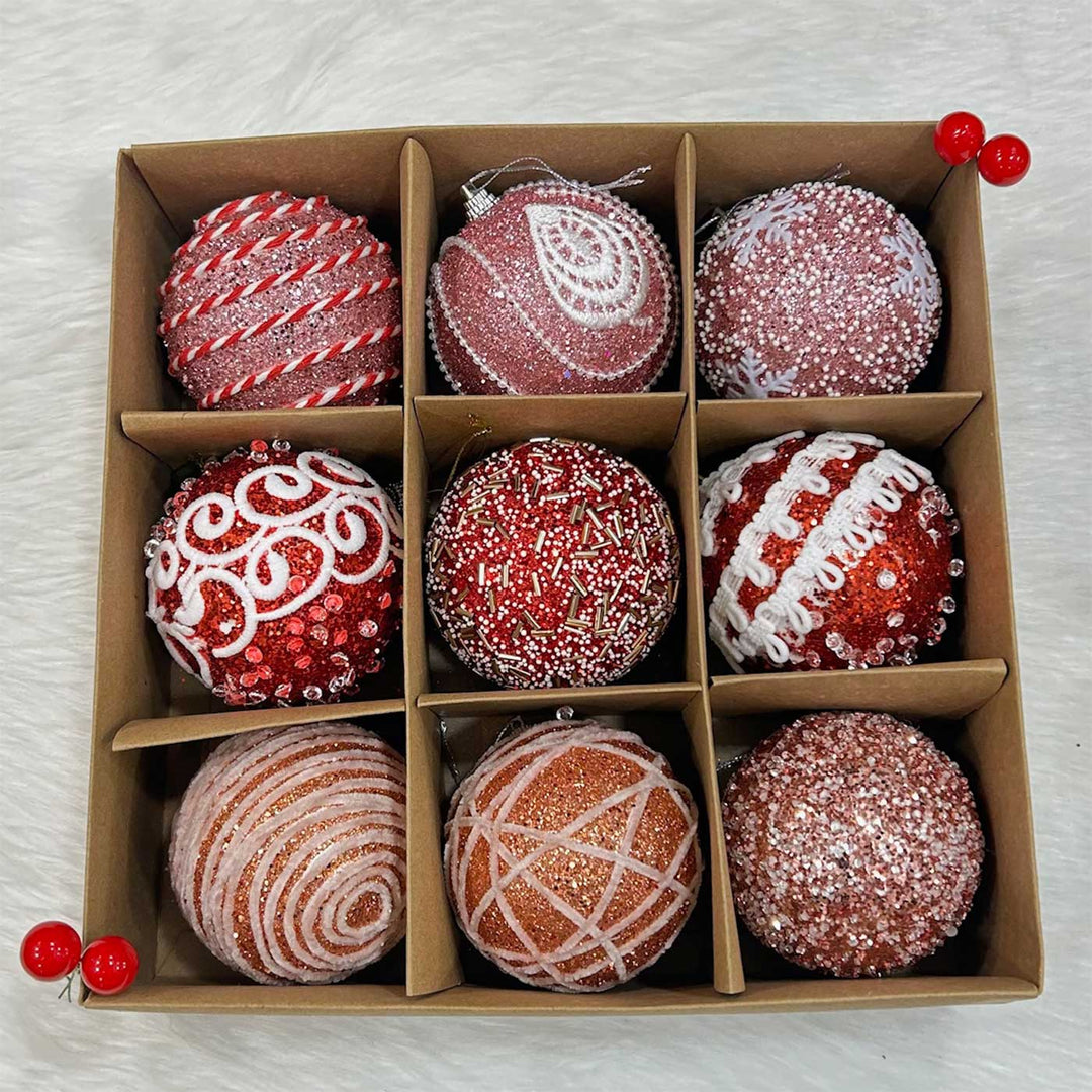 Handmade Pink Red & Rose Gold Shimmer Embellished Chirstmas Ball Ornaments For Decoration | Set Of 9