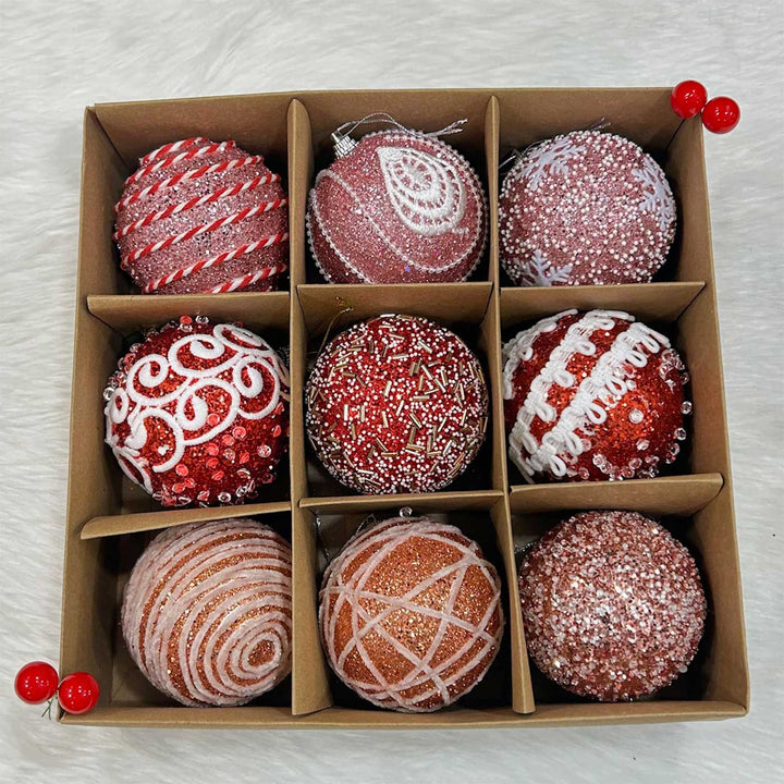 Handmade Pink Red & Rose Gold Shimmer Embellished Chirstmas Ball Ornaments For Decoration | Set Of 9