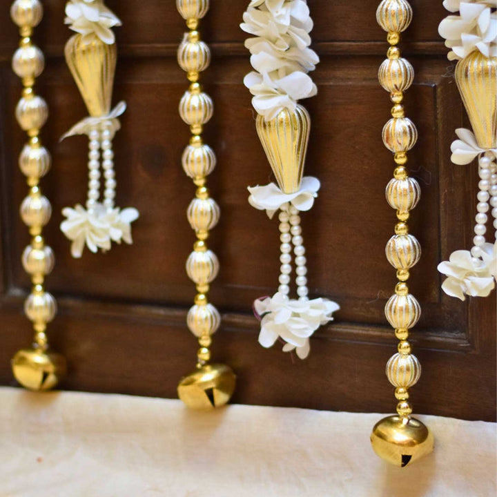 10 Pc | Shwet Gota Hanging Set with White Floral & Gold Bead Strings