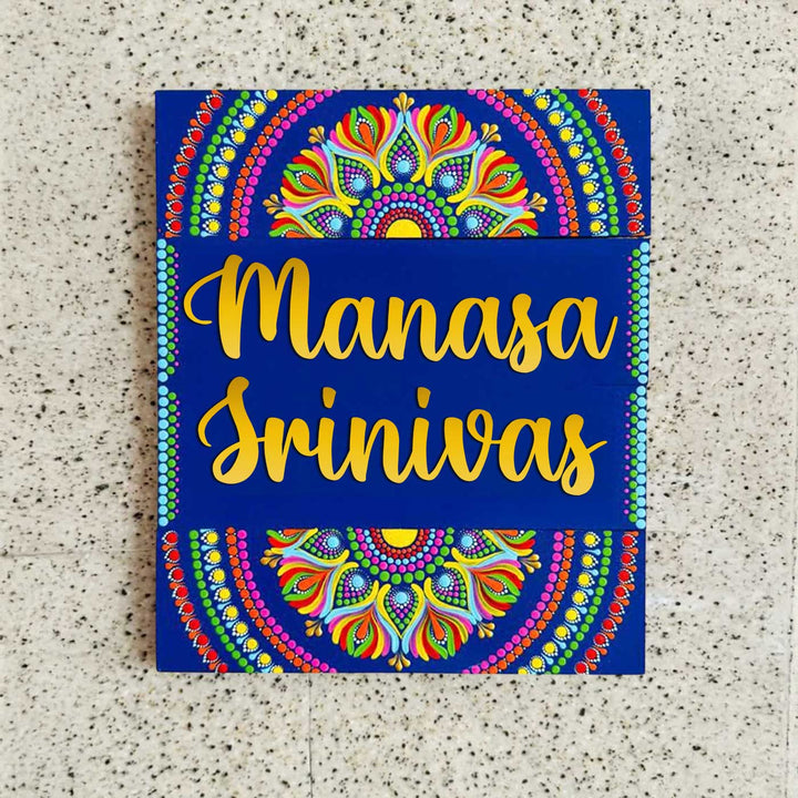 Personalized Hand-Painted Dot Mandala Blue Mdf Wood Name Plate
