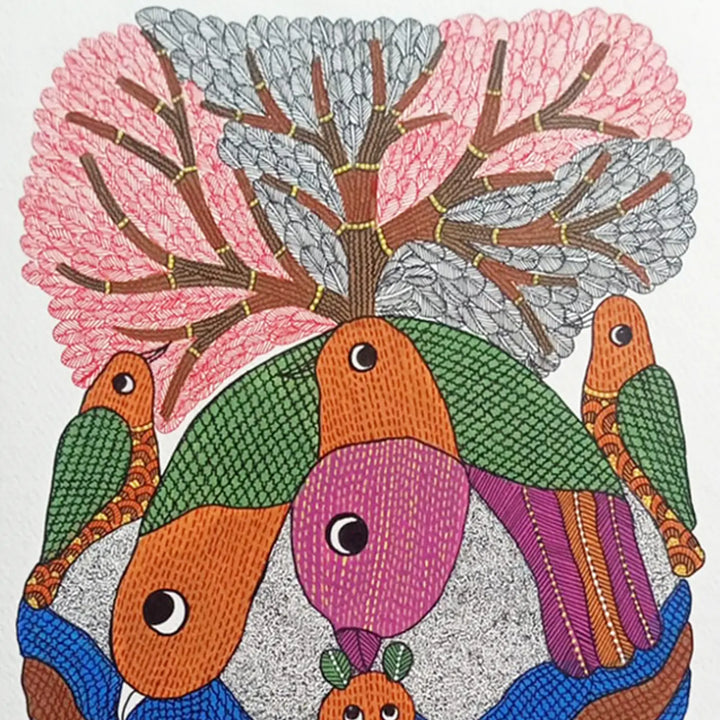11 x 16 Inch | Bird with Tree of Life | Original Hand Painted Tribal Gond Art Painting | Acrylic Paint On Paper