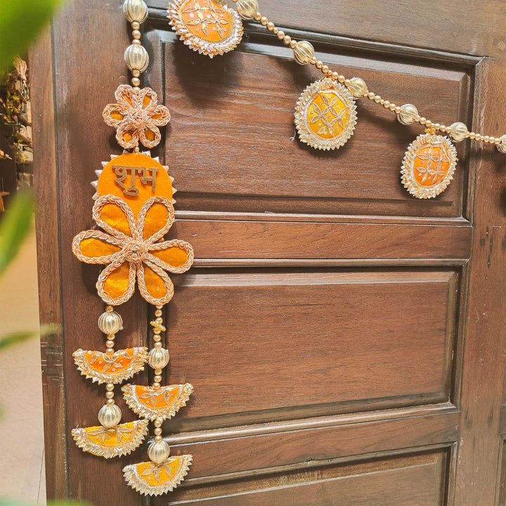 3 Pc | Handmade Festive Orange & Yellow Gota Patti Banderwal Toran with Shubh Labh Hangings