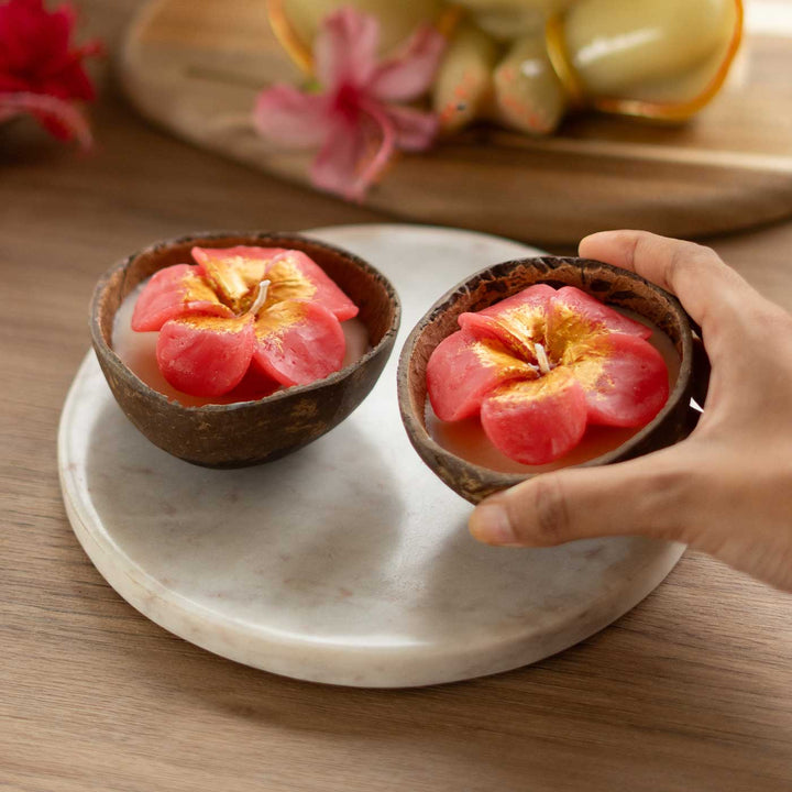 Set Of 2 | "Hibiscus" Handmade Soy Wax Scented Coconut Shell Candle For Home Decor