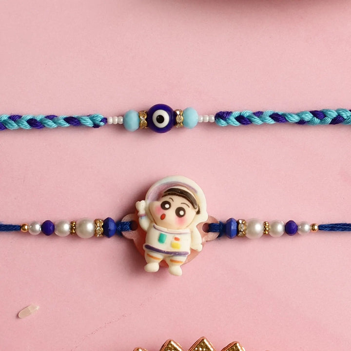 Handmade Astronaut & Evil Eye Kids Rakhi With Roli Chawal | Set Of 2