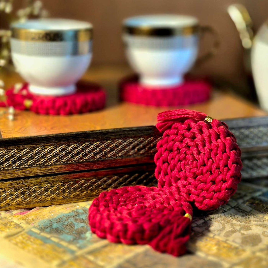 Handmade Macrame Rolled Thread Design Cotton Coaster Set