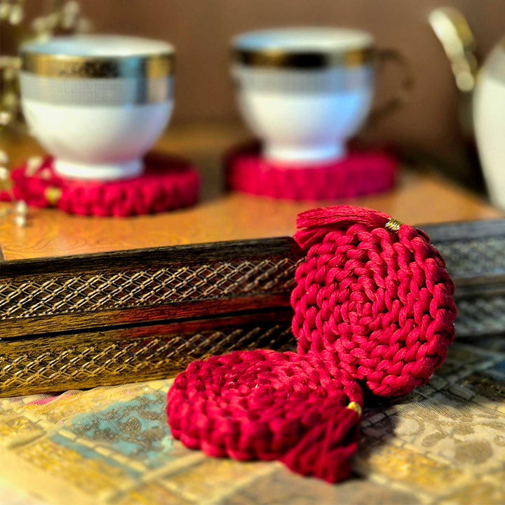 Handmade Macrame Rolled Thread Design Cotton Coaster Set