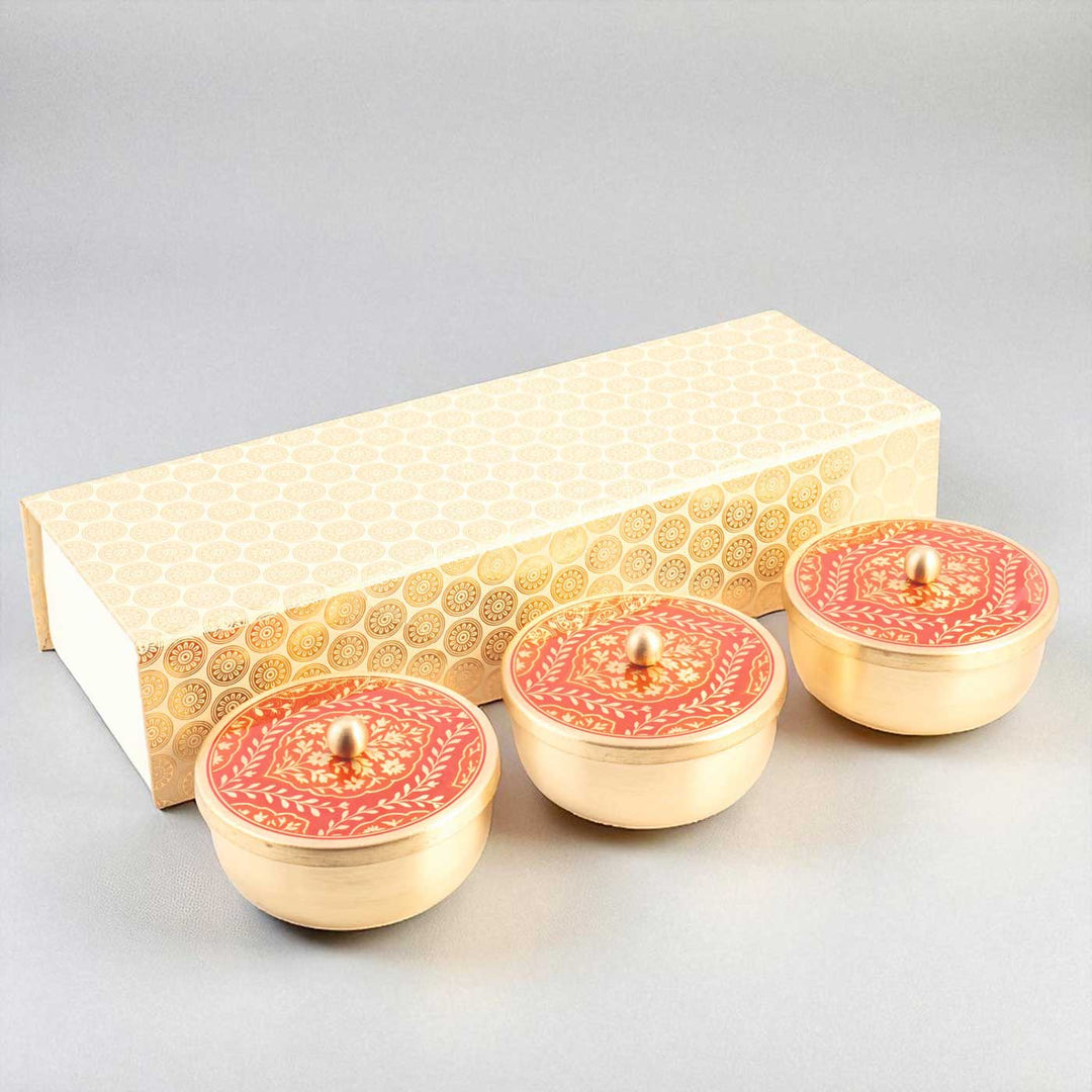 Hand-Painted Sanskaar Brass Gift Hamper | Includes 3 Containers And 1 Gift Box
