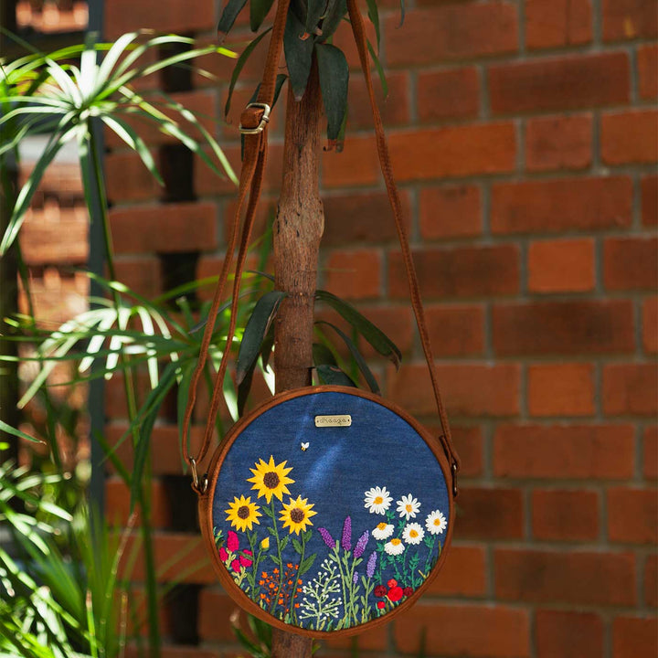 Personalized Embroidered Bee & Wildflowers Round Denim Sling Bag