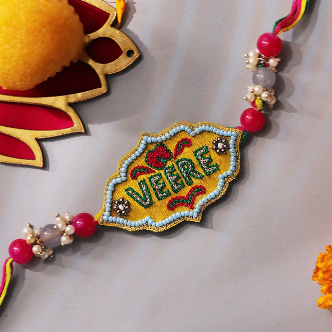 Hand Embroidered Beaded Veere Rakhi With Roli Chawal