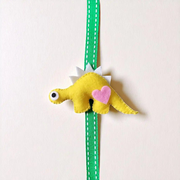 Handmade Dino Theme Felt Kids Rakhi With Roli Chawal - Front View (6)