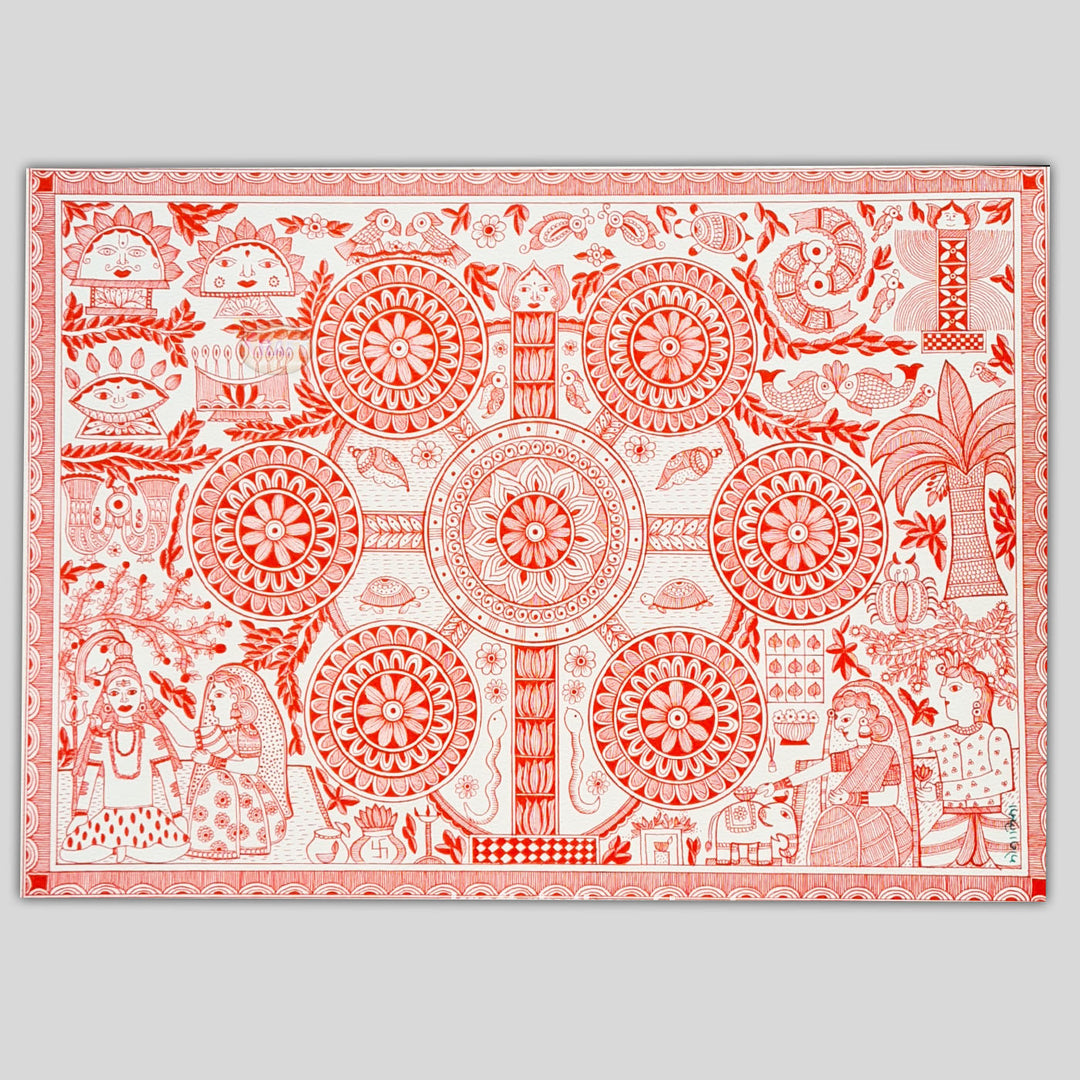 11 x 16 Inch | Harmony in Red | Original Hand Painted Madhubani Painting On Paper