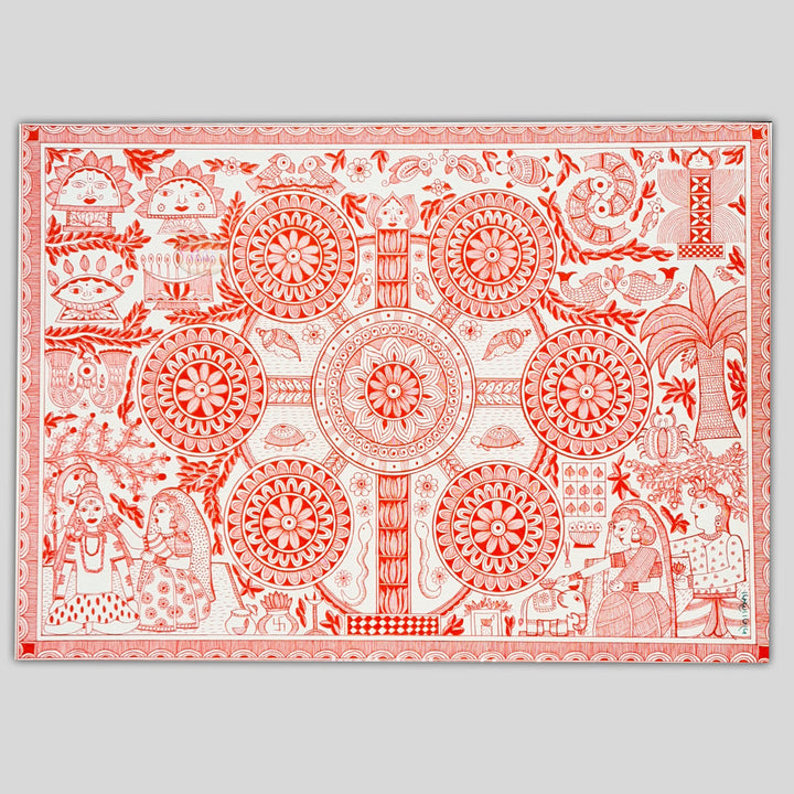 11 x 16 Inch | Harmony in Red | Original Hand Painted Madhubani Painting On Paper