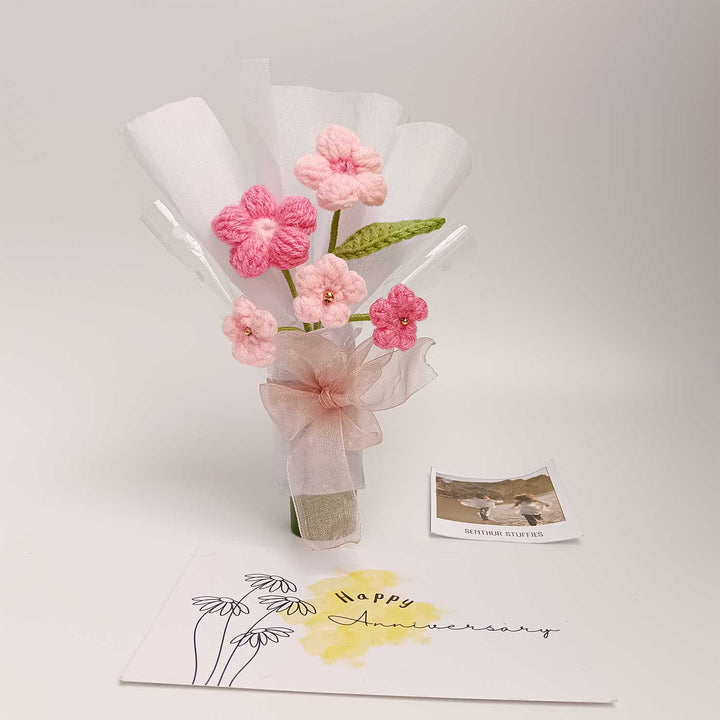 Handmade Crochet Classic Pink Blossom Mini Flower Bouquet | Includes Photo & Greeting Card