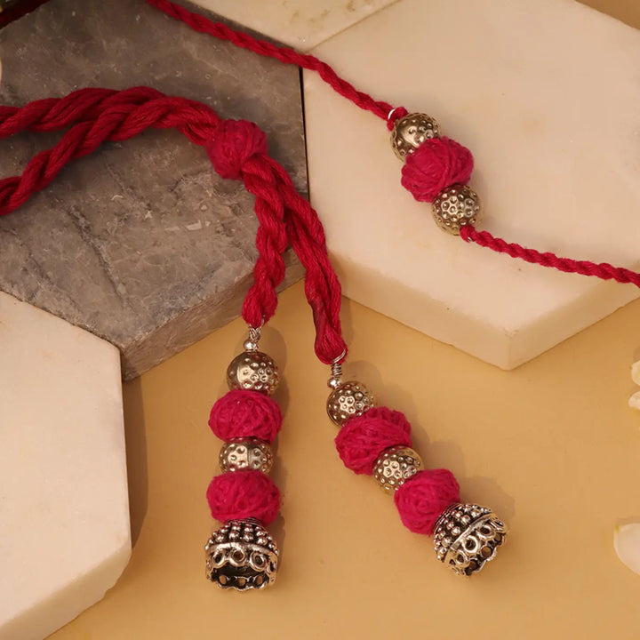 Handmade Silver & Magenta Bhaiya Bhabhi Rakhi With Roli Chawal | Set Of 2