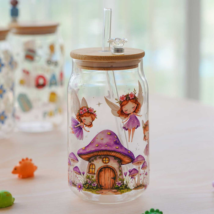 Cute Printed "Fairy" Theme Glass Tumbler With Straw For Kids