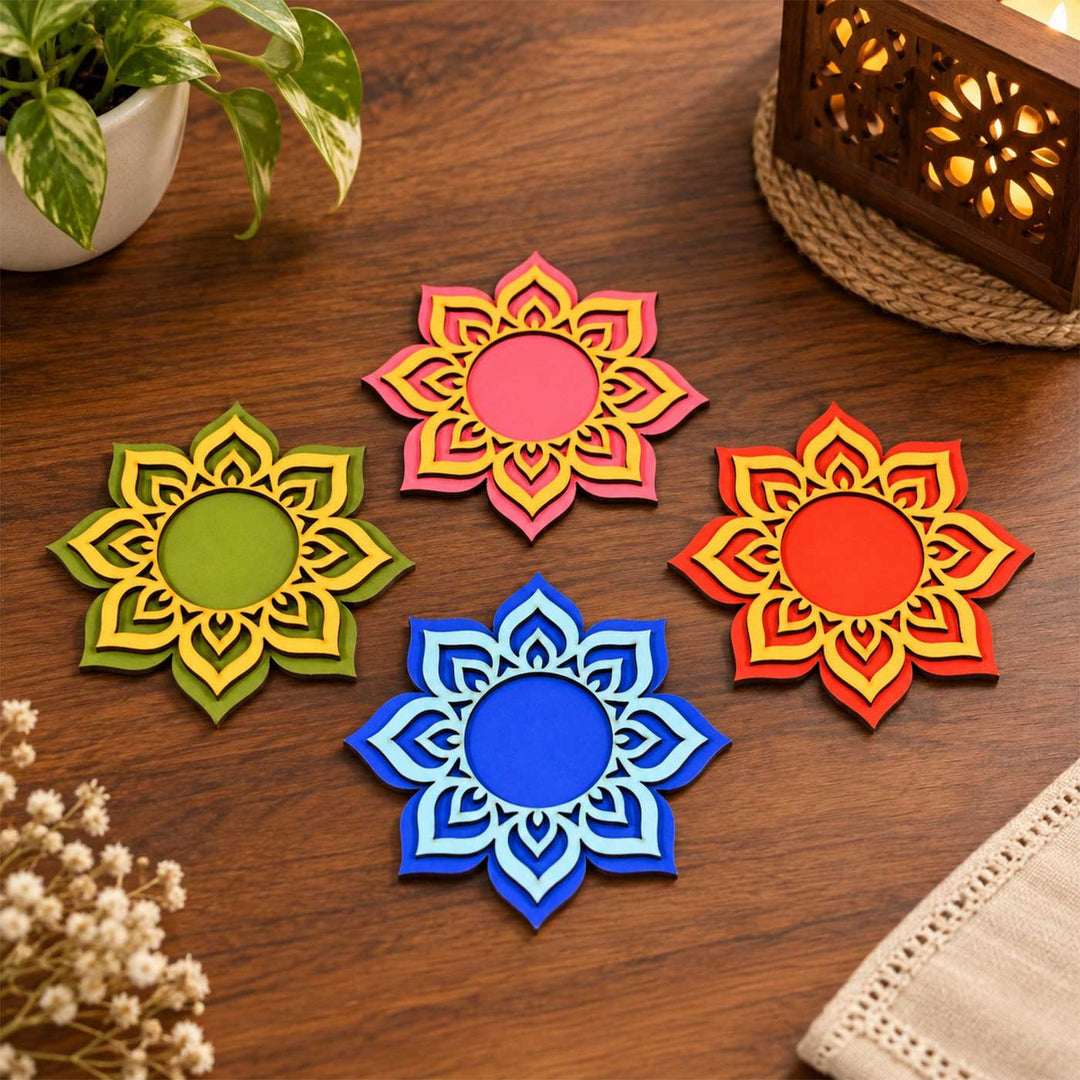 Set of 4 | Handcrafted Colourful Mandala Wooden Tealight Holders