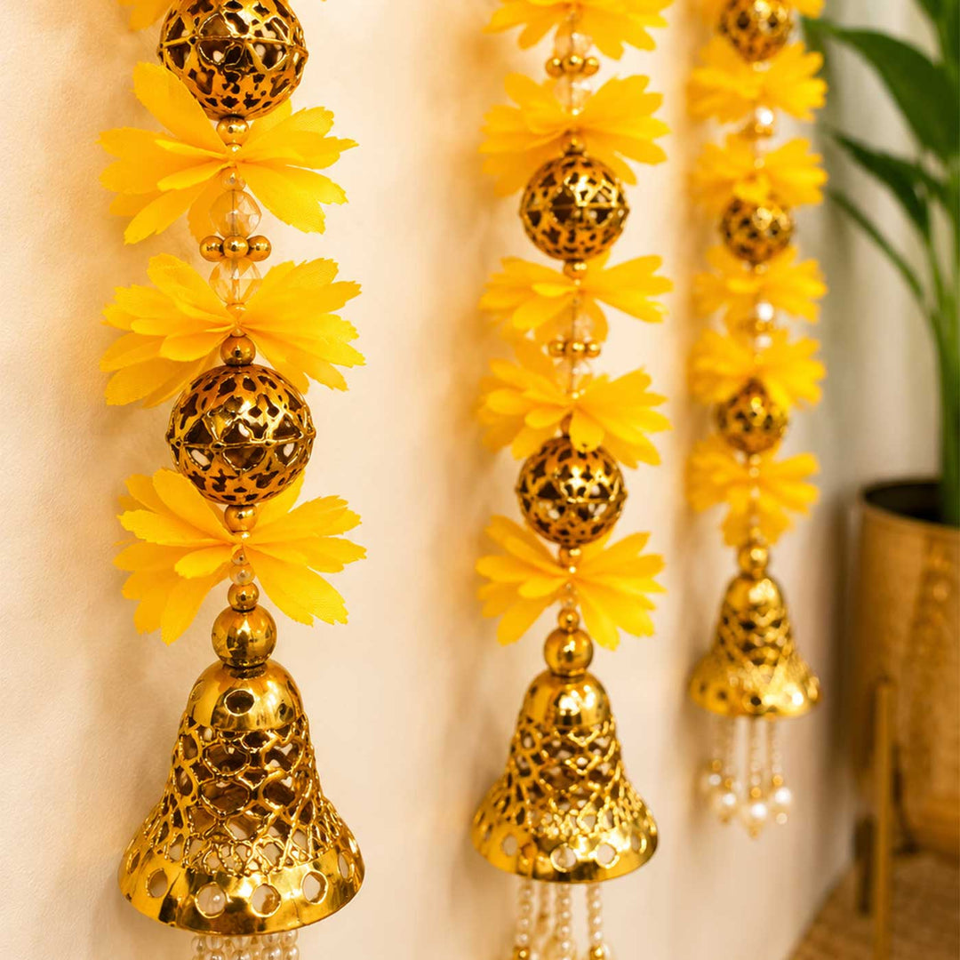 Handcrafted Artificial Flower Yellow Tassel Hangings With Gold Bead Detailing