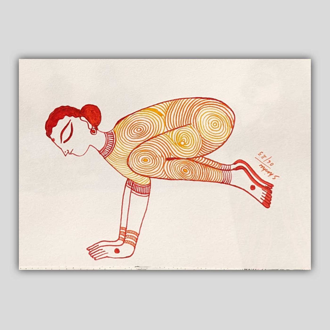 6 x 9 Inch | Bakasan Yoga Pose | Minimalist Black & White Mudhubani Style Line Drawing With Frame