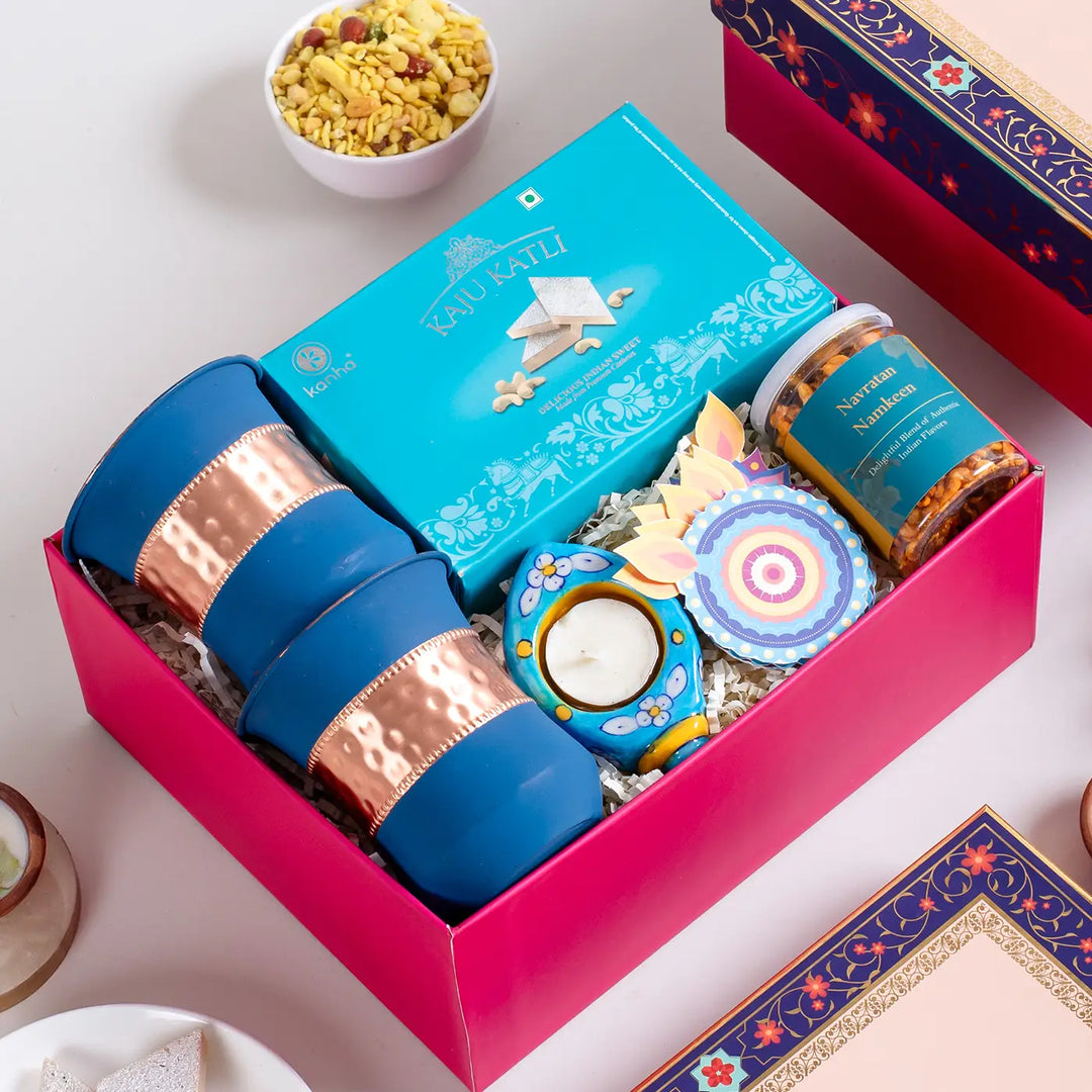 Premium Festive Diwali Gift Hamper | Includes 2 Copper Glasses, 1 Kaju Katli, 1 Tealight Holder, 1 Diya Toran, 1 Namkeen Jar, 1 Gift Box