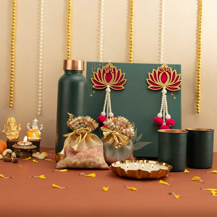 Handmade Raunak Gift Hamper | Includes 1 Bottle, 2 Glasses, 1 Shubh Labh, 1 Candle, Dry Fruits, 1 Card And 1 Box