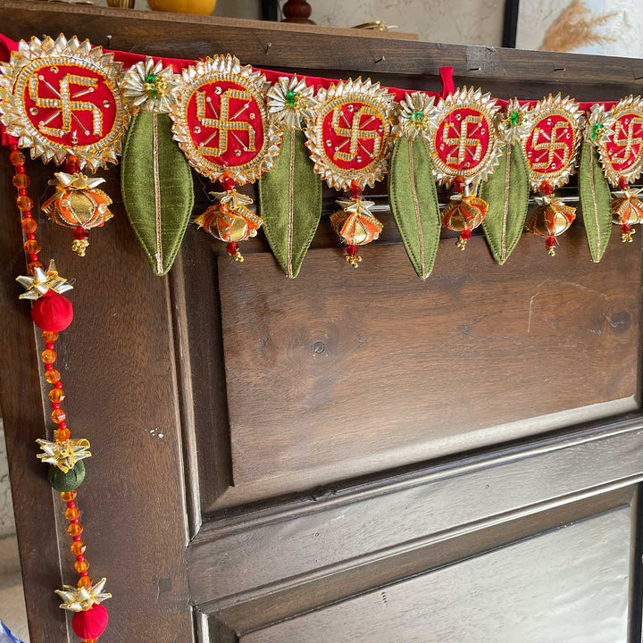 Handmade Ashoka Manglam Swastik Gota Patti Banderwal Toran With Ashok Leaves