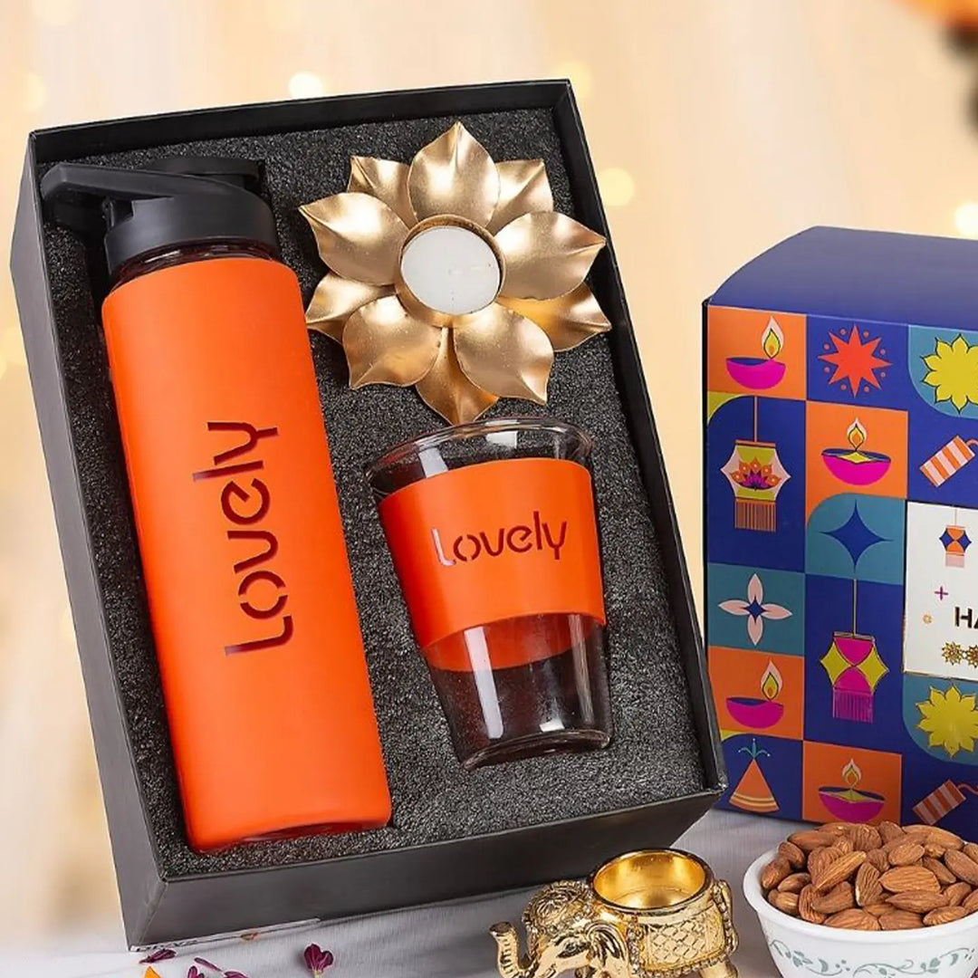 Personalized Diwali Gift Hamper | Includes 1 Bottle, 1 Glass, 1 Golden Lotus Diya